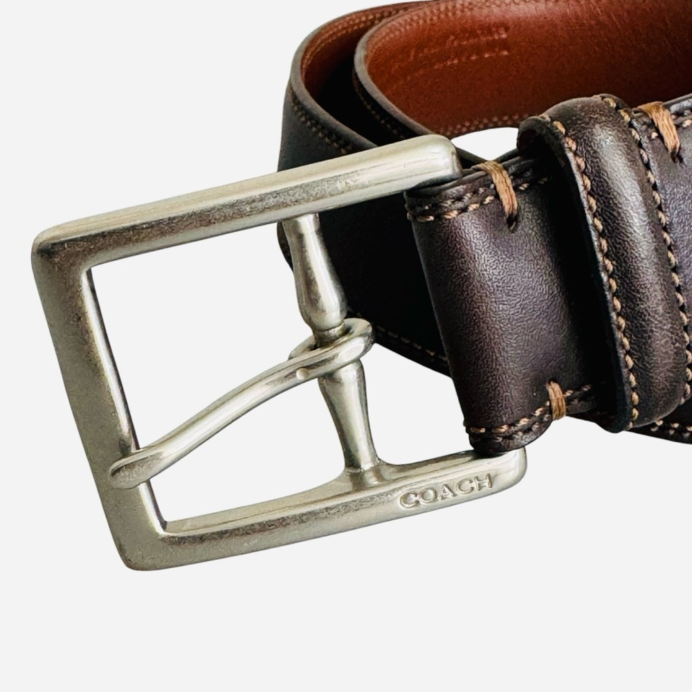 COACH Brown Genuine CalfSkin & Solid Brass Buckle Classic Men’s Belt Sz 32/80cm - Picture 3 of 8